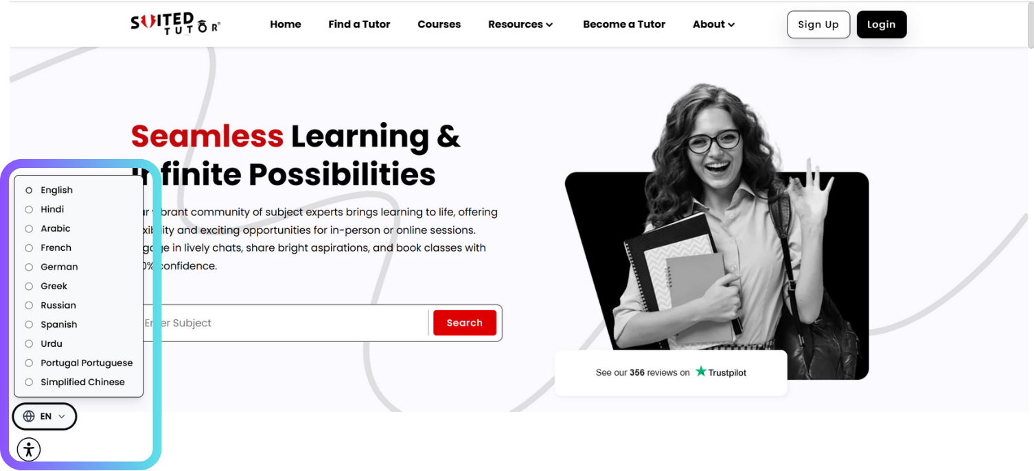 मल्टीलिपि भाषा टॉगल के साथ SuitedTutor वेबसाइट
